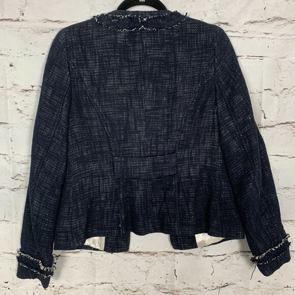 KATHERINE BARCLAY Navy Blue Tweed Cotton Linen Lined Blazer Jacket Size 2 Chic - Picture 2 of 7